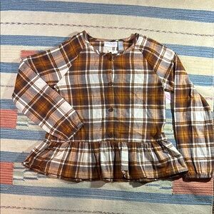 The Children's Place Brown and White Button Down Top with Ruffled Hem